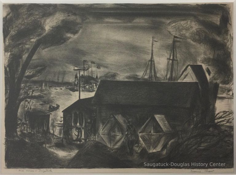          Lithograph of a fish house on the Kalamazoo river in Saugatuck.
   
