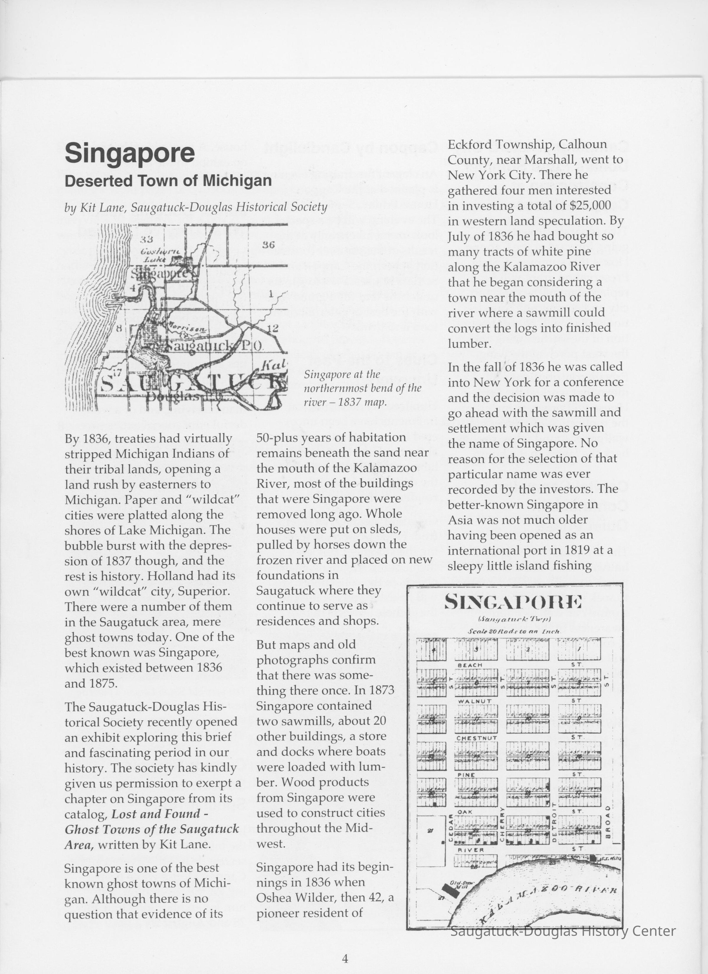 Singapore: Deserted Town of Michigan by Kit Lane, printed in Summer 2000 issue of the Michigan Historical Review