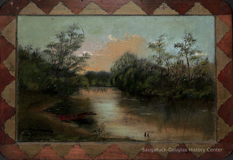          Painting of a river on back side
   