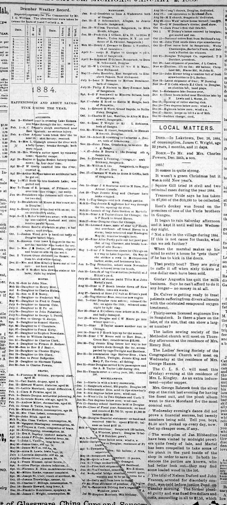          cr1885010201SummaryOfEvents1884.jpg; Round up of 1884 happenings (accidents, mill breakdowns, falls into river), births, deaths, marriages, shipping news and miscellaneous that included weather. HAPPENINGS mentions of Richard Heuer, A.C. Zwemer, Charles Andrews, Mrs. L. Grenhalgh, Mrs. Wanner, Basket Factory, F.W. Greiner, Arthur McMillan, Will Rode, Johnson Mill, Moore & Co., saw mill in Douglas, Henry Utten, H.L. Miller, Grace Bandle, Joshua Weed, Ransom Cole, Mrs. J.S. Dodge, Vernon Grant, Mrs. Kingley, W.S. Moffatt. DEATHS: Florence M. Brittain, Carl Smith, Edward Weaver, Lettie Moreland, Clara B. Perkins, Dennis Dorgan, Gertrude Brown, Andrew Miller, Grace E. Tuttle, Minnie Hudson, Mrs. Charles Labatt, John Blink, Mrs. Charles Voelker, Margaret Shashaguay, Florence A. Cook, Kittie Staring, Eva A. Bandley, Anna J. Fresche, John I. VanDis, James Gaze, James McVea, Anna B. Lewis, Lucretia Reynolds, Emma Oliver, Frank Hinman, Olive Phelps, Florence E. Nies, Milton Rueke, Joseph St. Claire, Joanna Trowbridge, Charles C. Billings, Bonnie Howard, Franklin Hutchinson, James C. Wright.
MARRIAGES (local only listed): William Turnbull to Ellen Heath, Henry J. Zwemer to Emma L. Woodhull, George B. Ripley to Georgie Snyder, Raymond H. Gilman to Dora M. Schoonard, Phillip E. Nielsen to Mary Zwemer, O.F. Southwell to Minerva Stillson, John E. Reed to Hattie M. Beagle, William R. Slater to Hannah M. Swerth, John B. Brown to Ida Deming, Clarence W. Wade to Anna B. Griffin.  MISCELLANEOUS snowstorm, Saugatuck school 232 pupils, Douglas 128, Schumacher Bros. strawberries, Wren's Co. in Two orphans and Uncle T., Saugatuck, Douglas and Township fiscal year financial statements and election results, special bridge election, mail service, Saugatuck Driving Association organized, church dedications, George Walz tallow house burned, G.W. Donaldson's circus, W. Dickey's house burgled, flag flown on Mount Baldhead, John Tidd, Douglas Telegraph Co. organized by T.B. Dutcher, J.L. Coates ships peaches in October, John Hirner strawberries to D.L. Barber, W. Dorning last shipment of fruit for season, Kalamazoo Lake freezes over, three bears killed by Hutchins lake, Skating rink opens
   