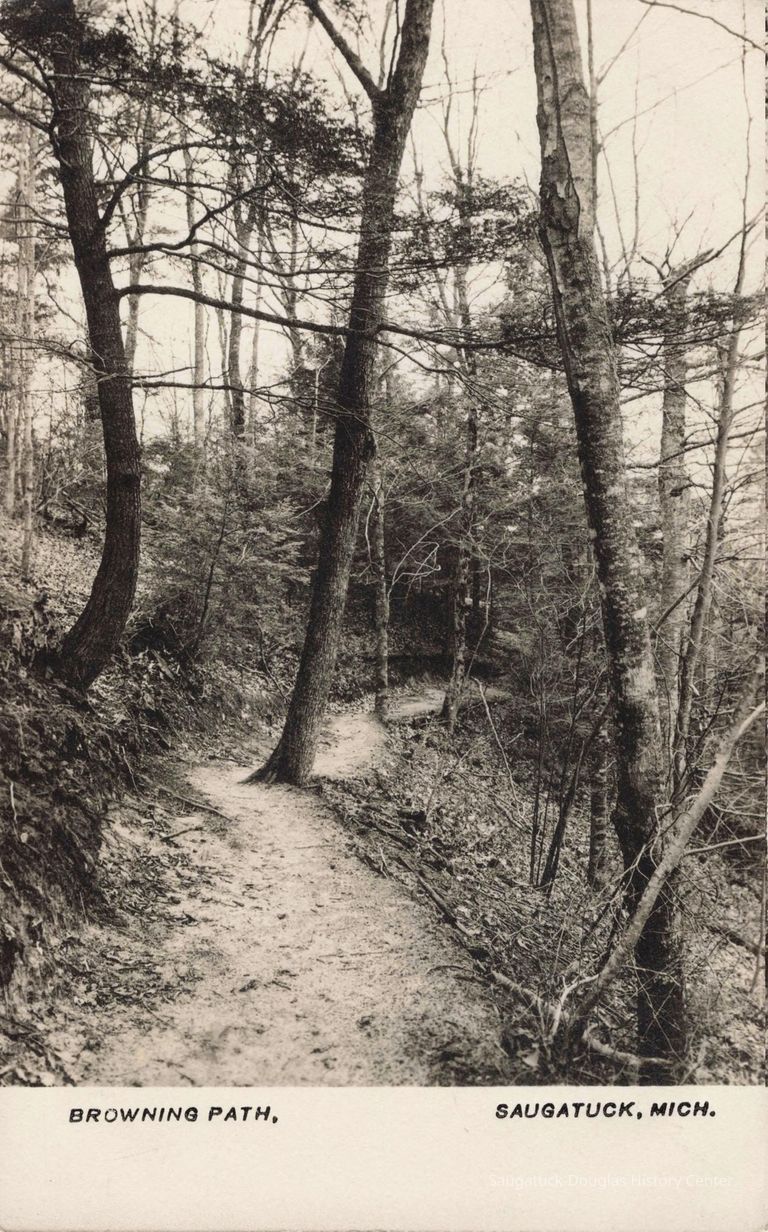 Source: "Browning Path, Saugatuck, Mich.". https://quod.lib.umich.edu/t/tinder/x-1488/tinder-rppc-002975. In the digital collection David V. Tinder Collection of Michigan Photography. William L. Clements Library, University of Michigan Library Digital Collections. February 02, 2026.