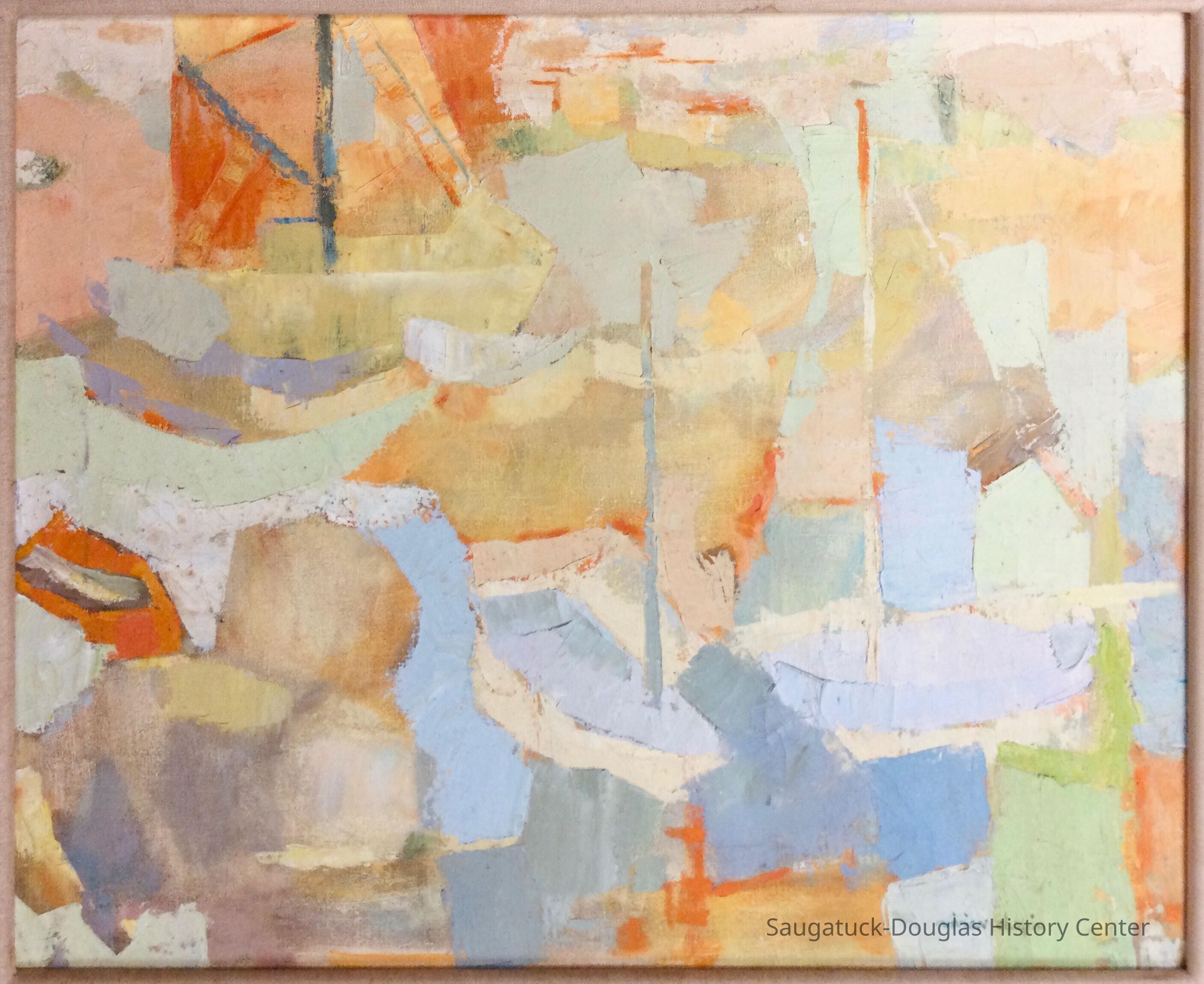 Oil painting depicting three sailboats