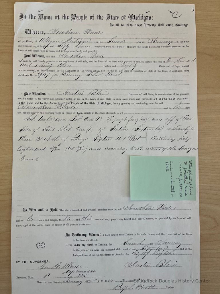          State patent of land to Johnathan Wade for Primary School Land picture number 1
   