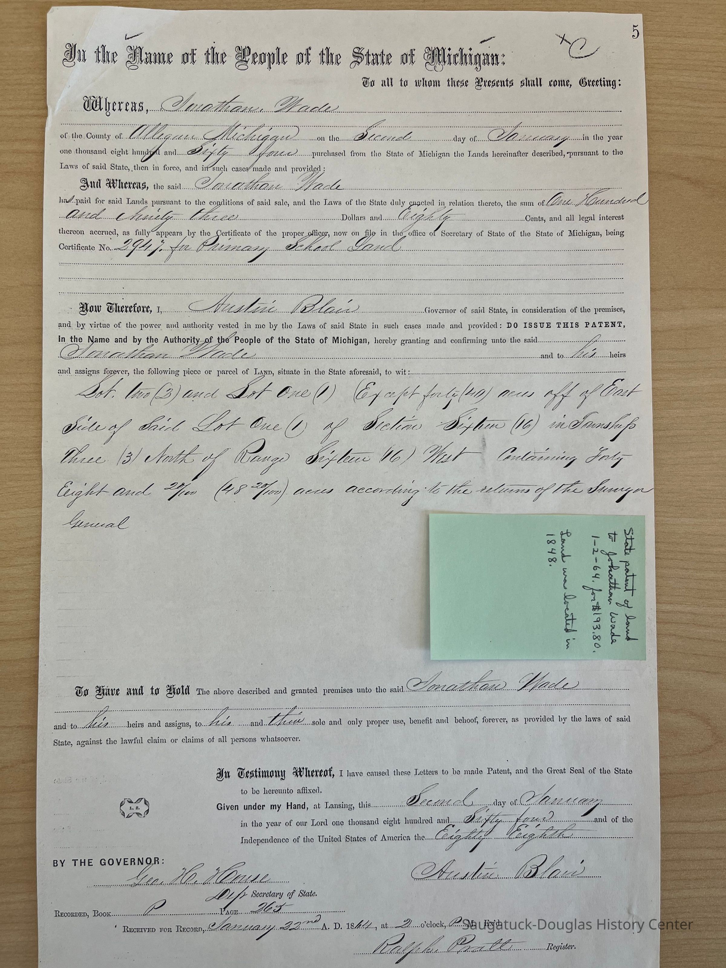 State patent of land to Johnathan Wade for Primary School Land picture number 1