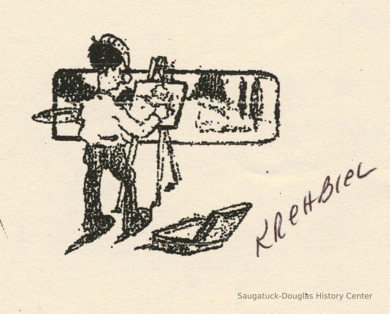          During a 1900 visit Albert Krehbiel included in a letter to his sister this likeness of himself sketching in Saugatuck
   