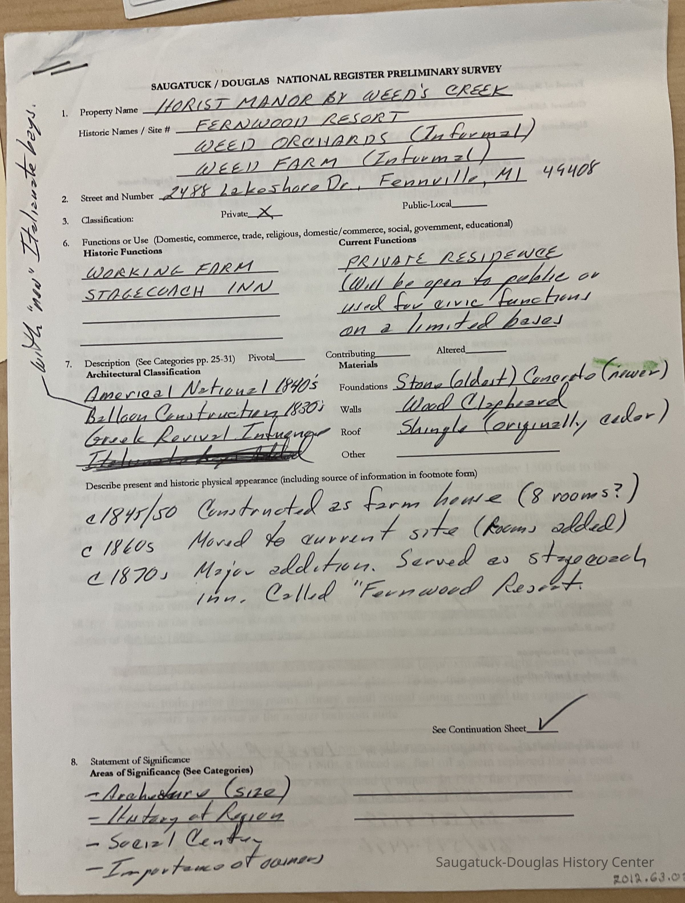          Saugatuck/Douglas National Register Preliminary Survey of Horst Manor by Weed’s Creek; Page 1
   