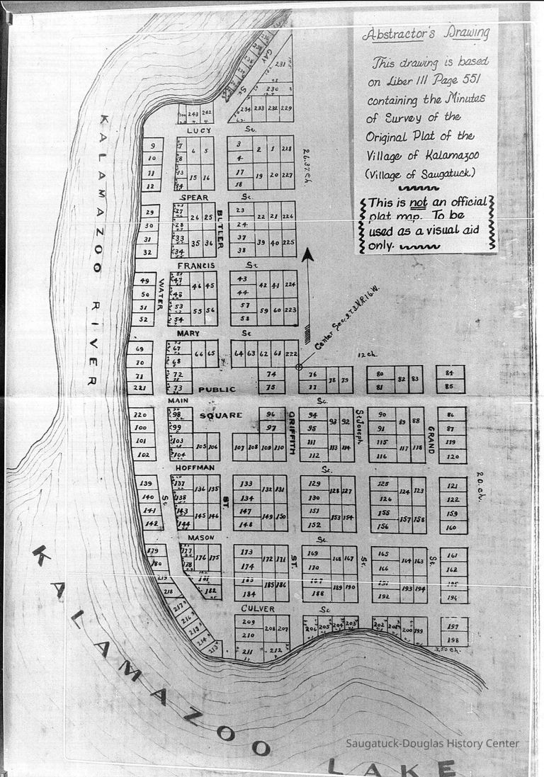 "The nonofficial Abstactor’s drawing of the village recorded in Allegan records to accompany the recopied minutes of the survey of the original plat of the village of Kalamazoo found in book 111, page 551 of deeds in Allegan. It’s a 1893 replacement to the files lost 1835 version in Kalamazoo, among those 200 pages missing from book B.
It’s not the same as having an actual copy of the original plat map, but at least now we know the source of all those copies." - James T. Faasen, 3 Dec 2024