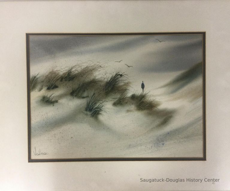          Watercolor painting of a figure and sand dunes.
   