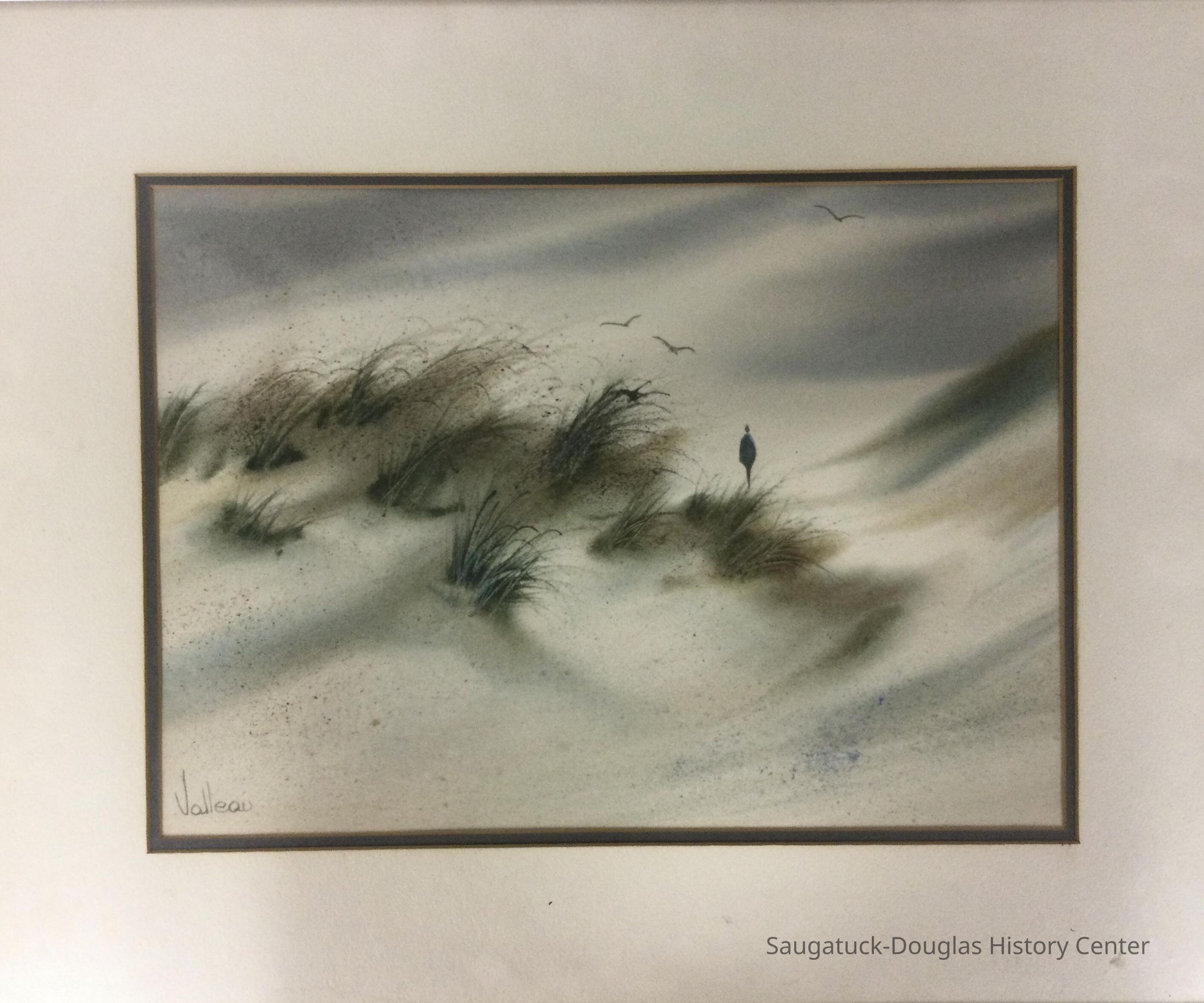 Watercolor painting of a figure and sand dunes.