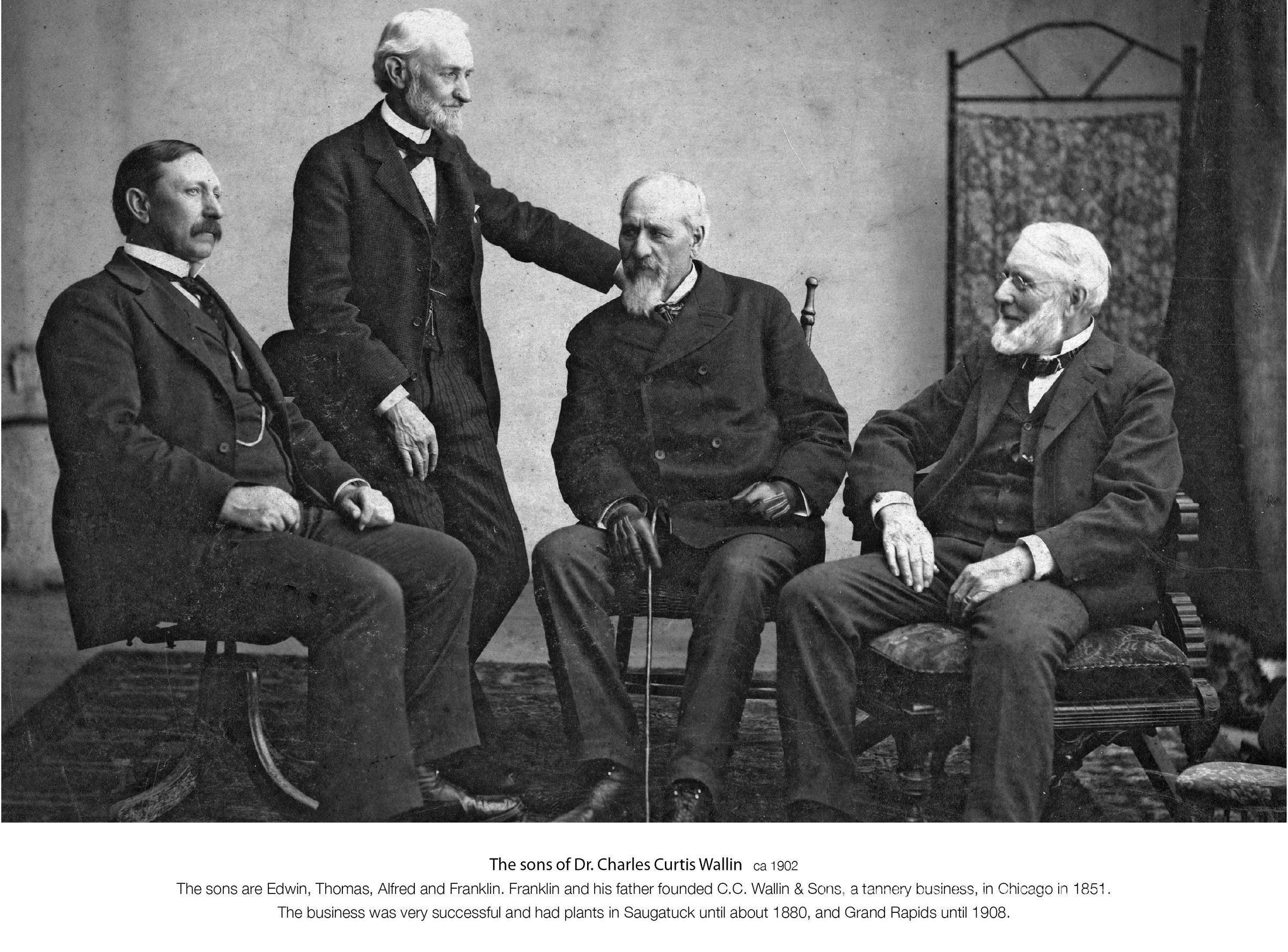23Wallin.jpg 2.2MB - Digital file from Jack Sheridan Drive 2021.72.02; The sons of Dr. Charles Curtis Wallin ca 1902
The sons are Edwin, Thomas, Alfred and Franklin. Franklin and his father founded C.C. Wallin & Sons, a tannery business, in Chicago in 1851.
The business was very successful and had plants in Saugatuck until about 1880, and Grand Rapids until 1908.