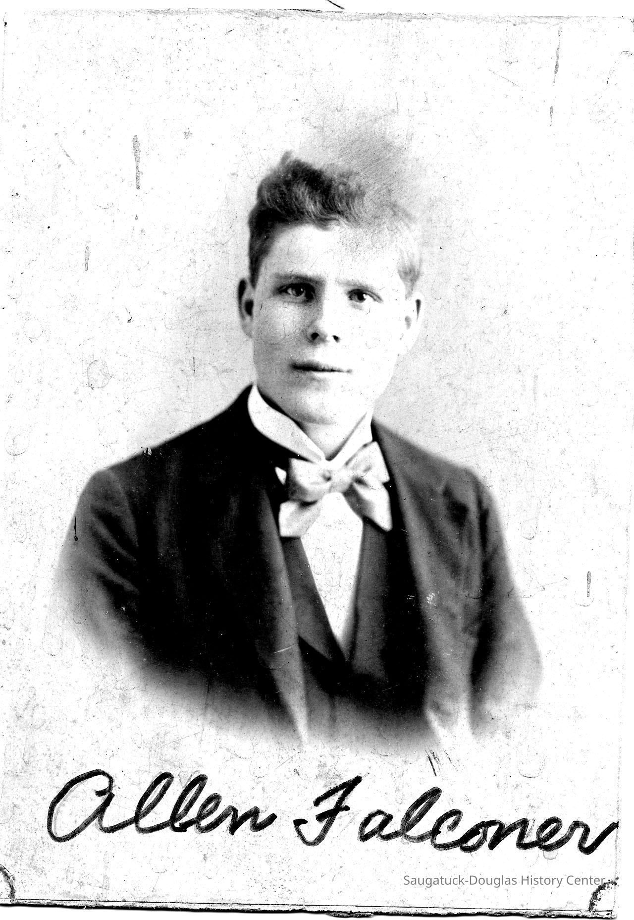89-1-79 Allen Falconer.jpg 468KB; Allen Falconer - Studio vignette of young man in suit with bow tie, circa 1900