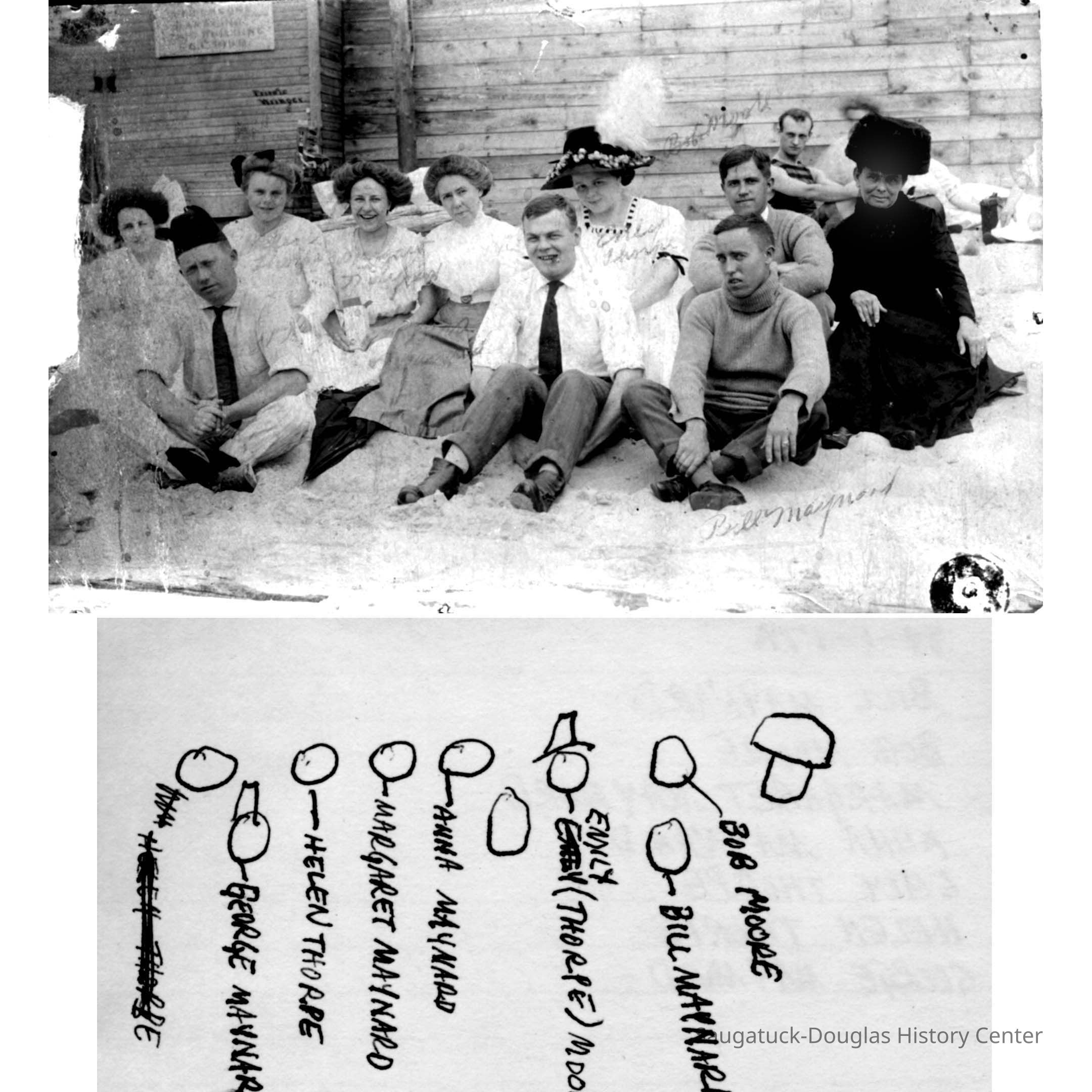          89-1-17A Birds Beachouse.jpg 397KB -- Menard misspelled as Maynard; Right to left: Bob Moore, Bill Maynard, Emily (Thorpe) Moore, Unknown, Anna Maynard, Margaret Maynard, Helen Thorpe, George Maynard, Unknown
   