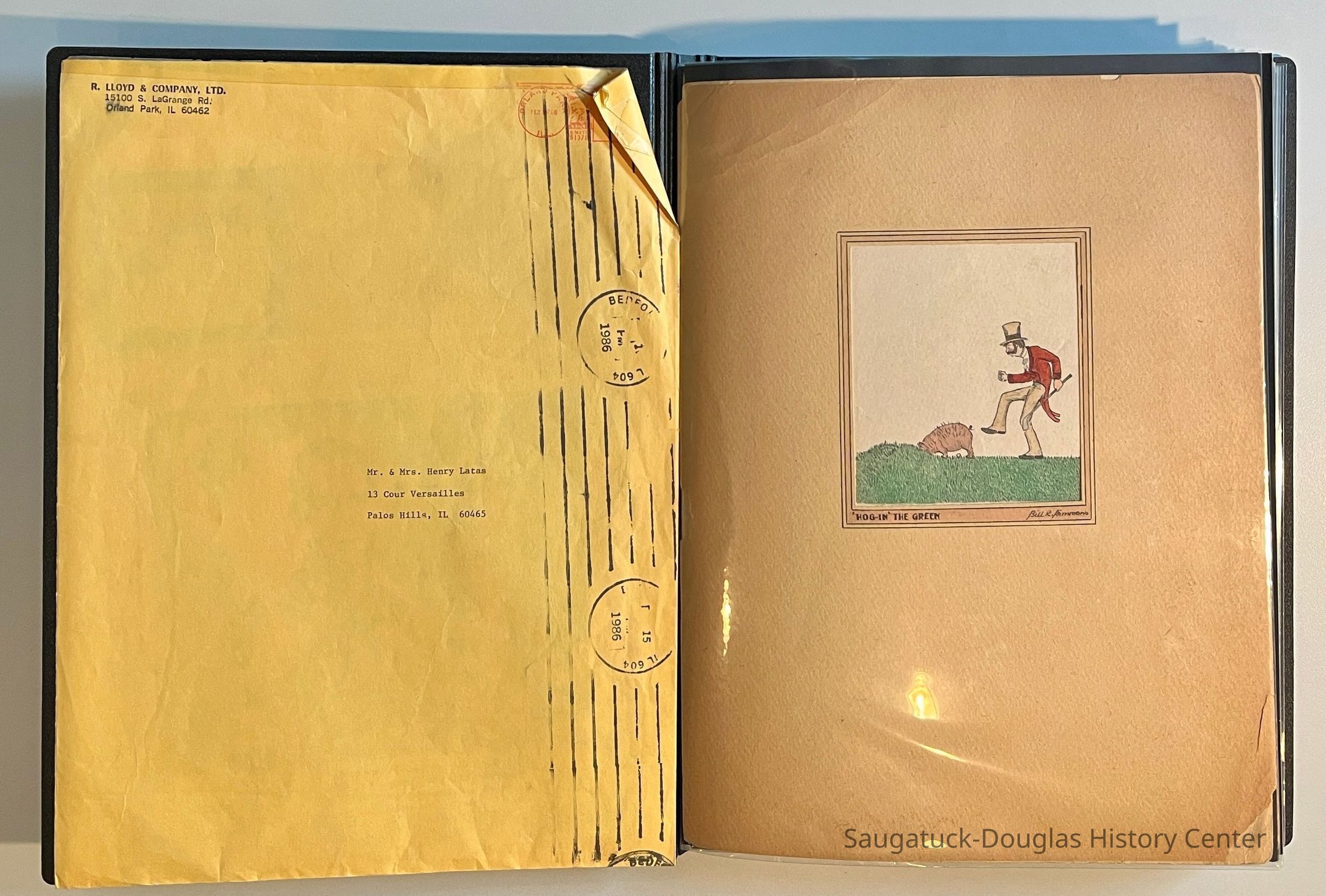          Inside front cover and pocket 1; Left: Envelope address to Mr. & Mrs. Henry Latas, 13 Cour Versailles, Palos Hills, IL 60465 from R. Lloyd & Company, Ltd., 15100 S. LaGrange Rd., Orland Park, IL 60462, postmarked 1986. The envelope contains a copy of the Oct. 19-25, 1958 The Chicago American TV Roundup (a television programing guide) with an illustration of Bishop Fulton J. Sheen by Nat Steinberg on the cover. 
Right: Matted and hand colored print titled 