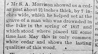          cr1878010405CedarPlankFrom1837Grave.jpg; S.A. Morrison shows a cedar plank gravestone that lasted from 1837 to 1878
   