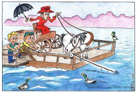 Crossing the River; Survival in Saugatuck and Douglas depended on crossing the river. In the beginning, Saugatuck people on the east side rowed themselves across the Kalamazoo River in little boats to get to coach roads, foot pathways and the rich trove of lumber on the west side. Then around 1833 a bridge was built at Mary Street - but it was so relentlessly battered by logs being pushed downstream and by the many schooners moving past it that it crashed into the river.
Then it happened. A chain ferry was invented. The ferry was a flat-barged boat called a