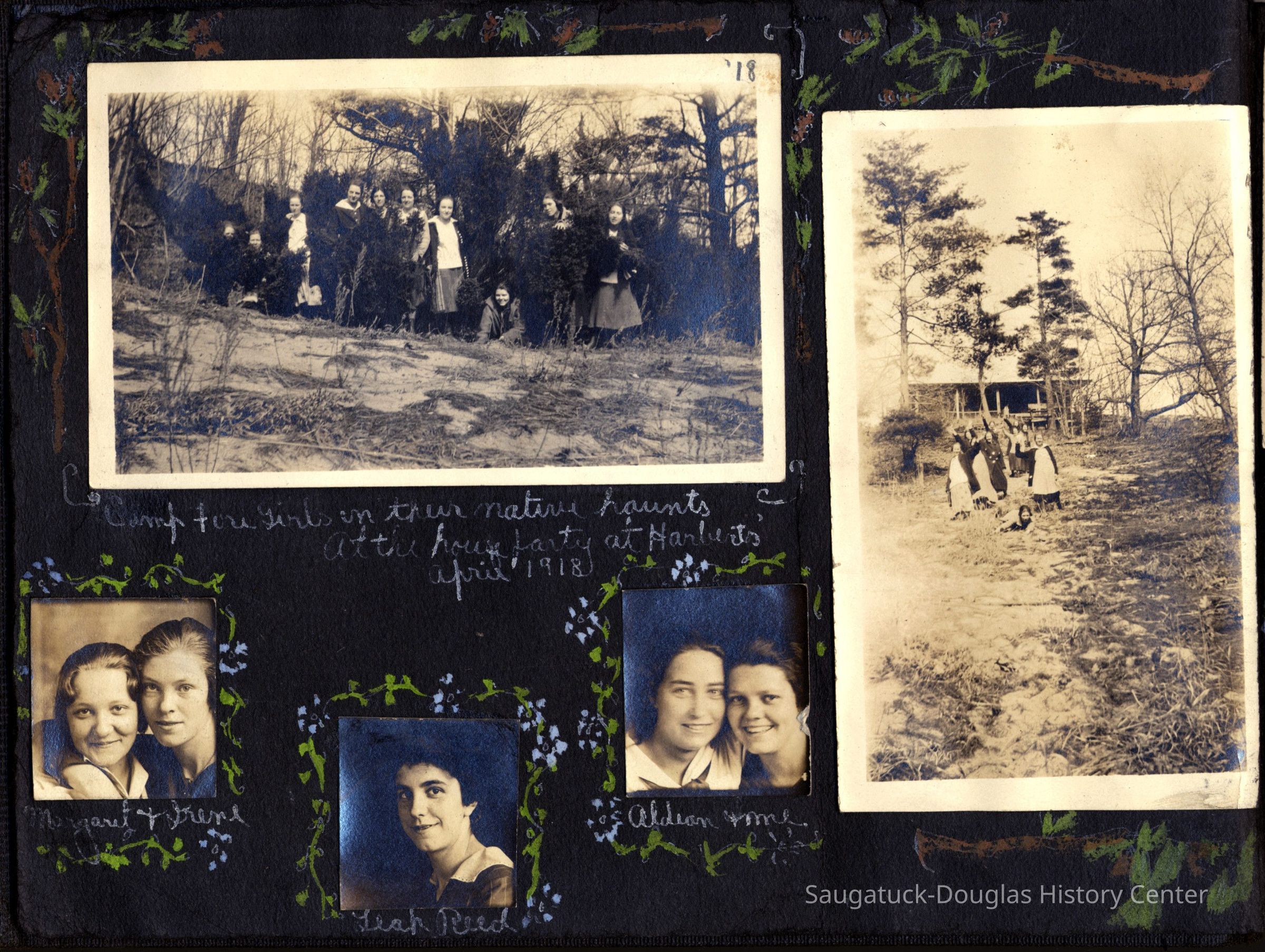 Boyce pg 1.jpg 2.1MB; Camp for girls in their natural haunts at the house party at Harbert's April 1918, Aldean and Me, Leah Reed, Margaret & Irene