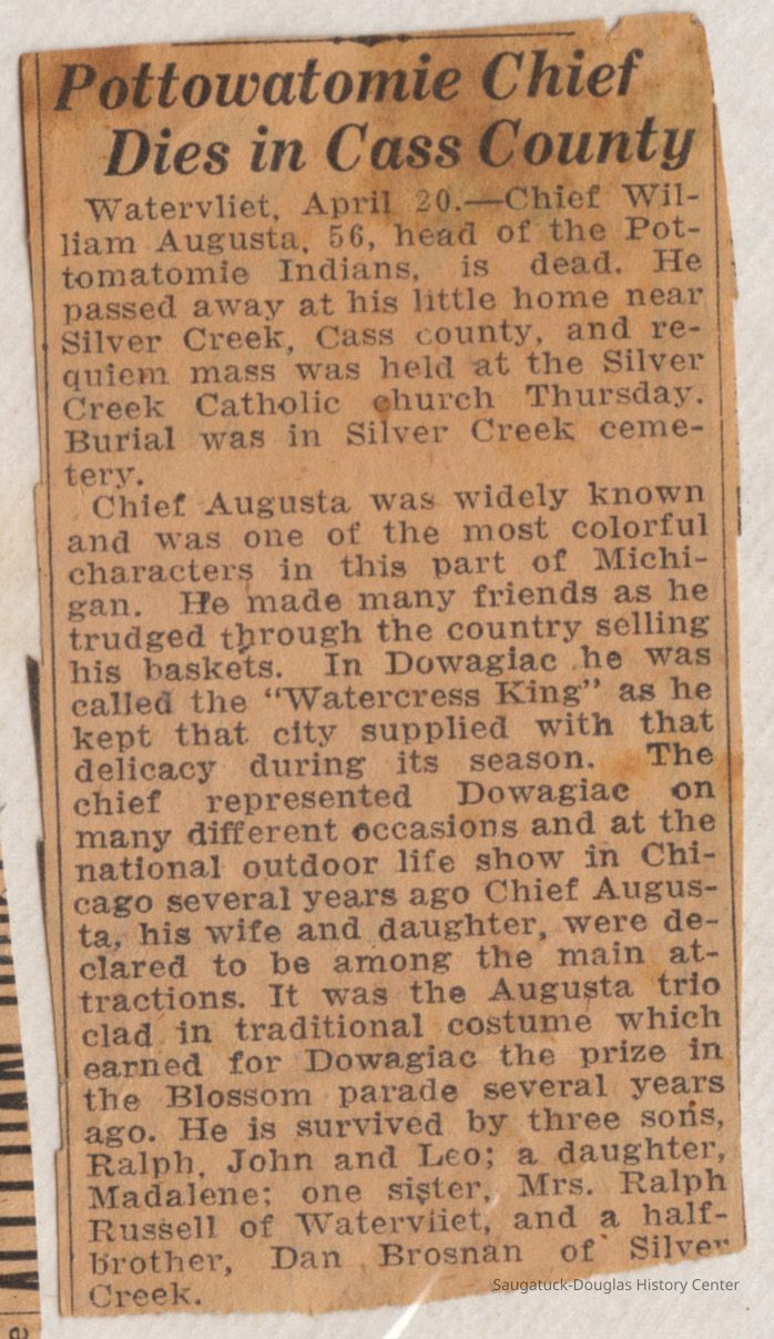 AugustaWilliamPottomatomieNoDate.jpg; Obituary of Chief William Augusta, the Watercress King of Dowagiac