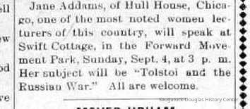 Jane Addams speaks at Swift Cottage