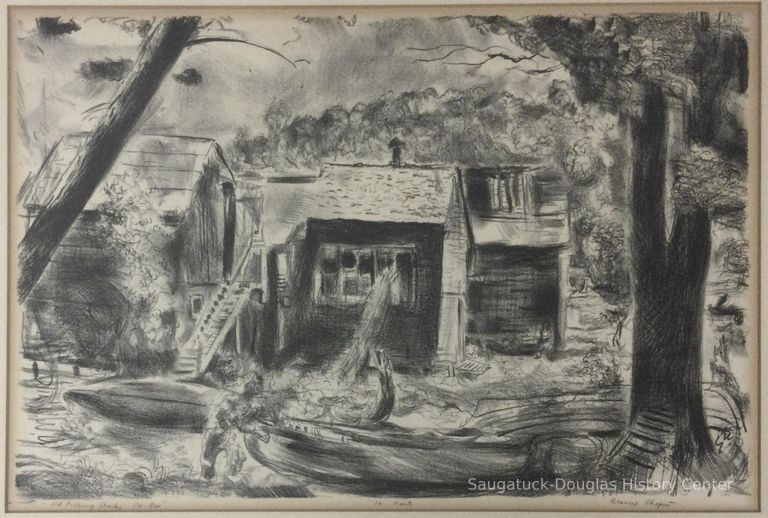          Lithograph of fishing shacks at the Ox-Bow
   