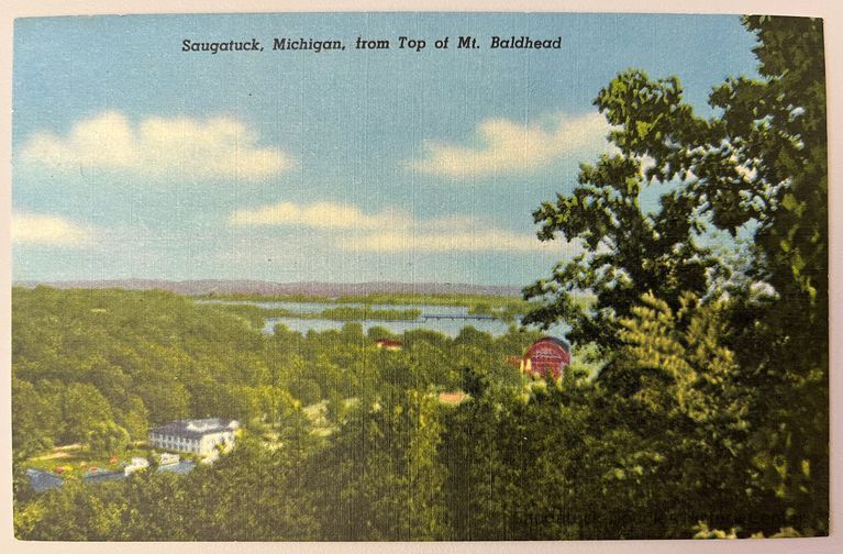          Saugatuck, Michigan, from Top of Mt. Baldhead front; Location Postcards Binder 2 water
   