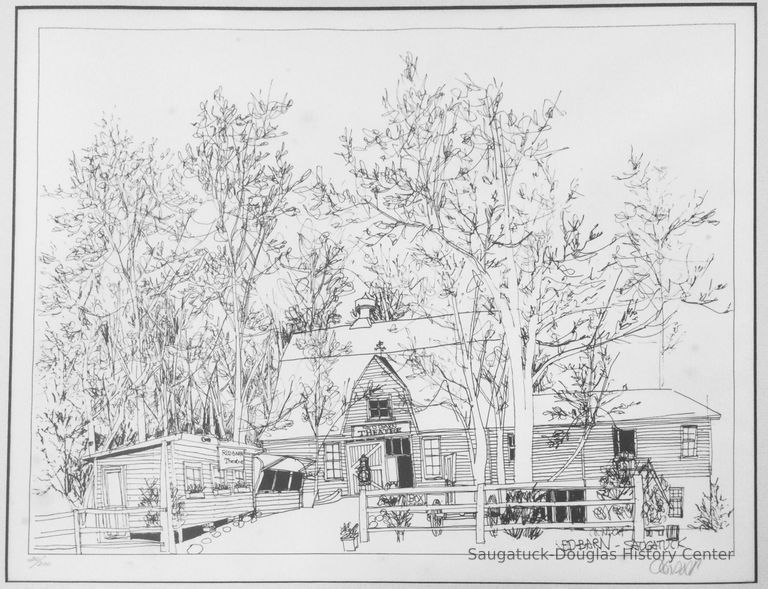          Print of a drawing of the entrance view of the Red Barn Theatre
   