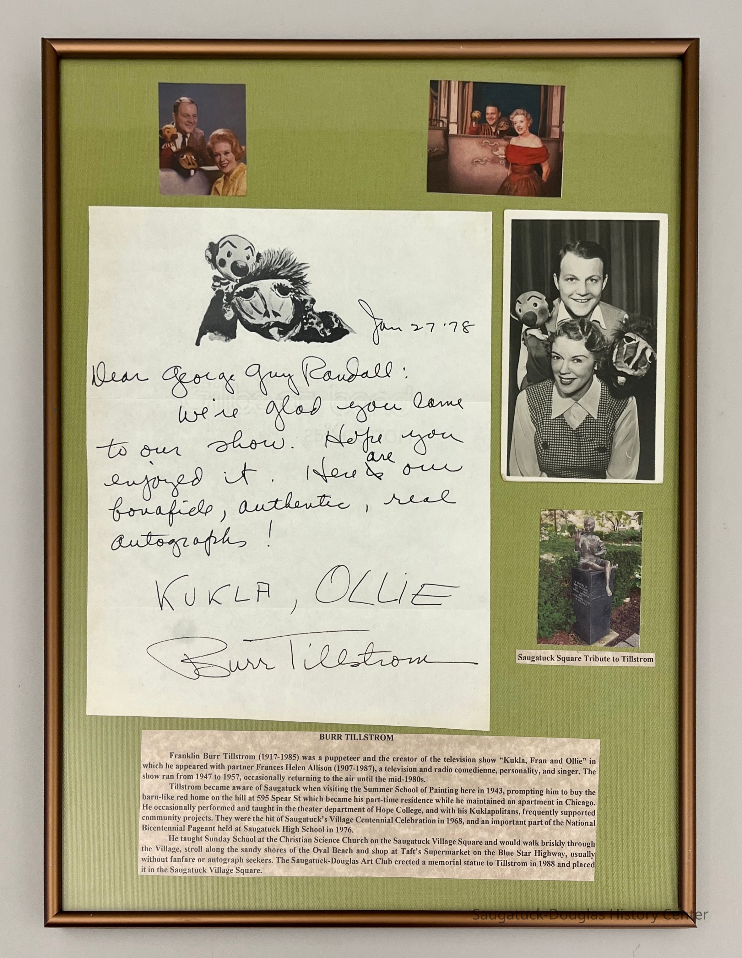          Burr Tillstrom letter and photos, framed picture number 1
   