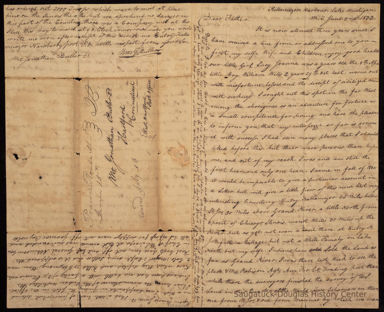          Butler's first letter from the Kalamazoo Harbor to his father, outside. Written and posted in 1832.; http://hdl.handle.net/11134/690002:371
   