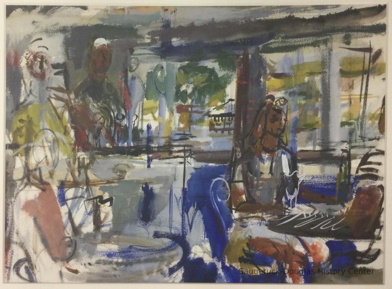          Watercolor painting of the interior of the Ferry Store
   