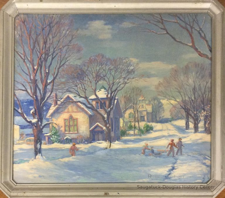          Oil painting of a winter scene in Saugatuck
   