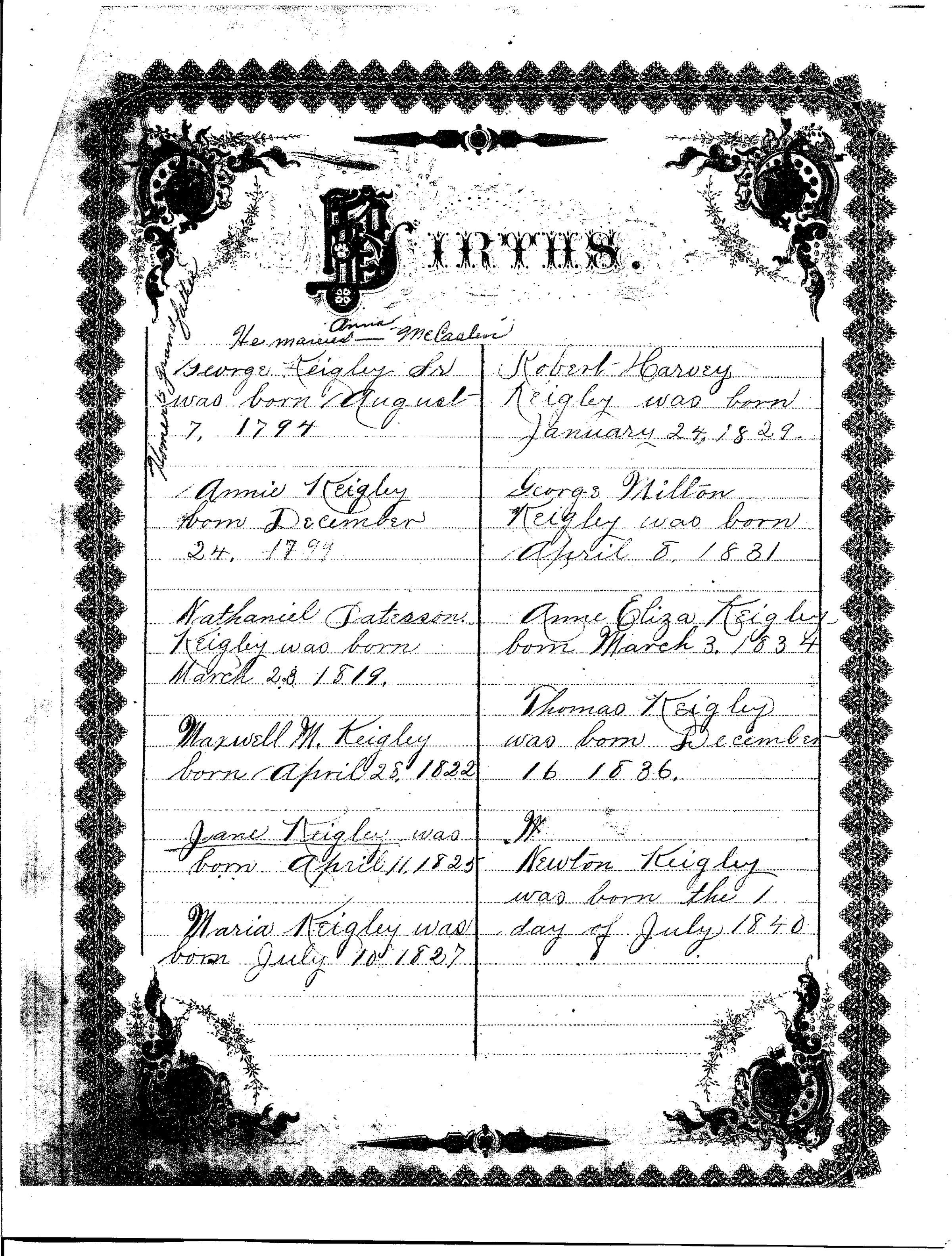 George and Anna (McCaslin) Keigley Family Bible: See WEB LINKS to DOWNLOAD PDF document file.
