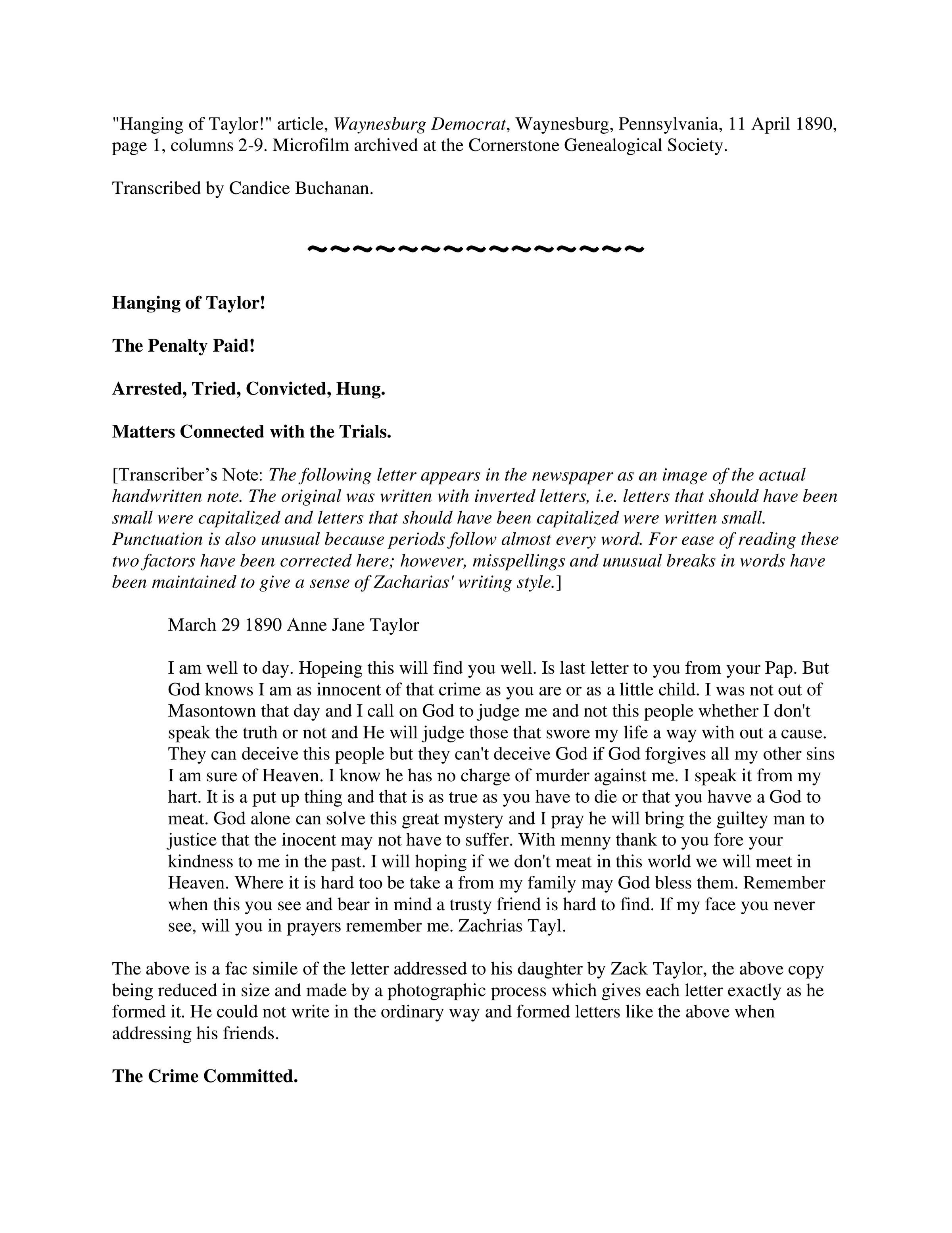 Waynesburg Democrat - Article - "Hanging of Taylor!" (14 pages): See WEB LINKS to DOWNLOAD PDF document file.
