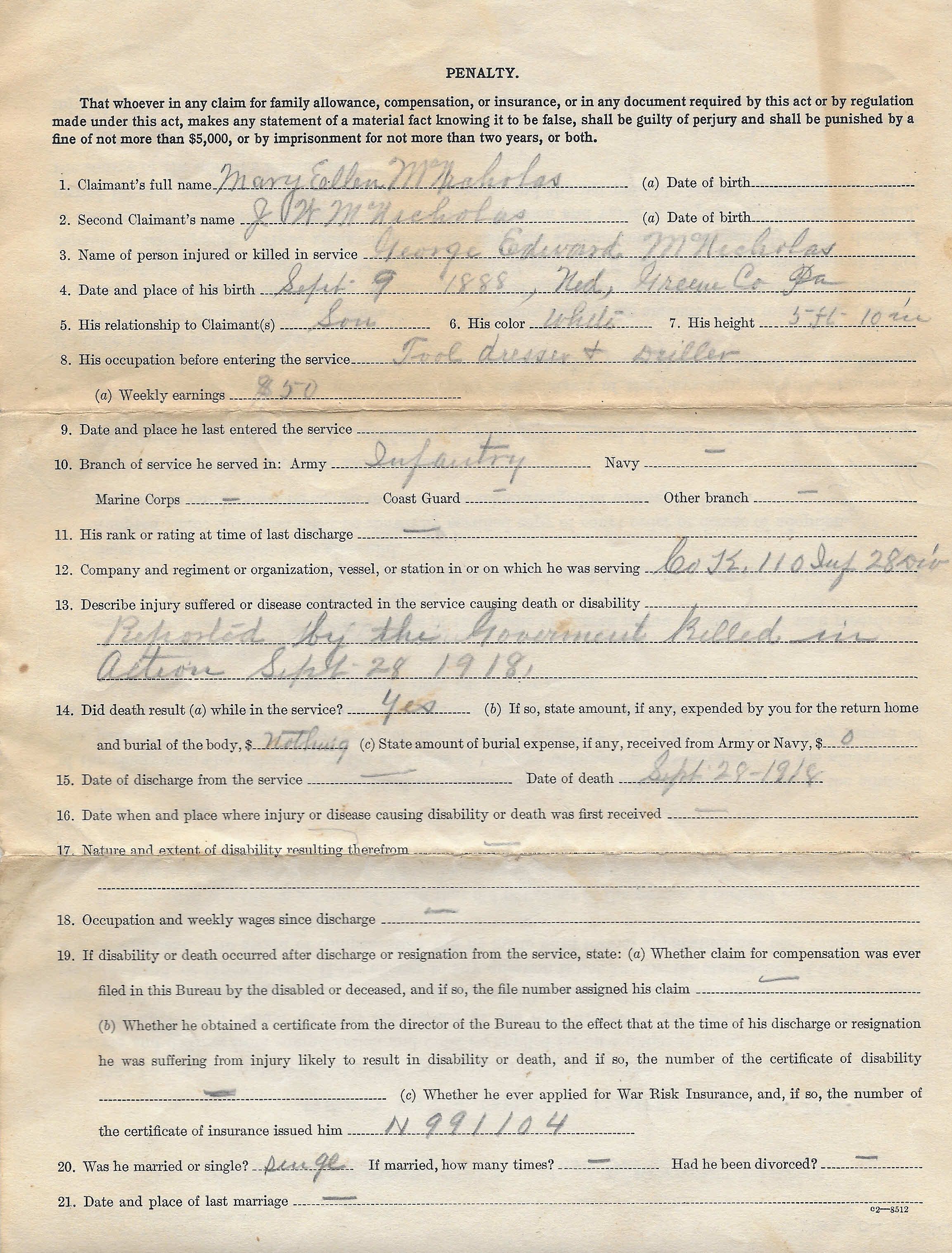 Compensation claim filed by Mary Ellen and J. W. McNicholas (2 pages): See WEB LINKS to DOWNLOAD PDF document file.