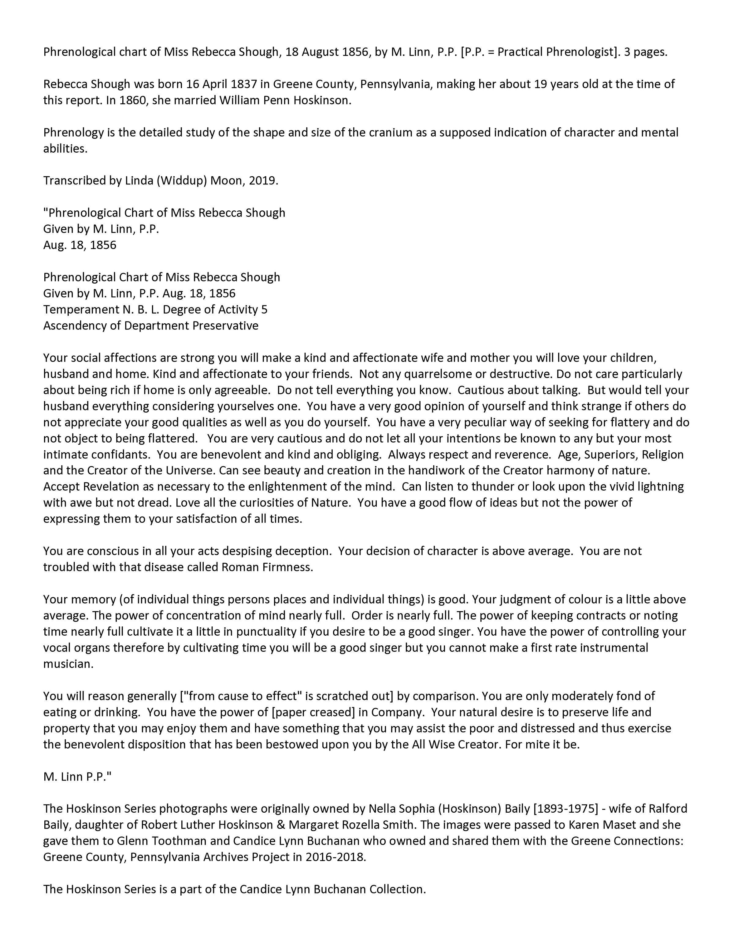 Phrenological chart of Miss Rebecca Shough - TRANSCRIPT & IMAGES (4 pages): See WEB LINKS to DOWNLOAD PDF document file.