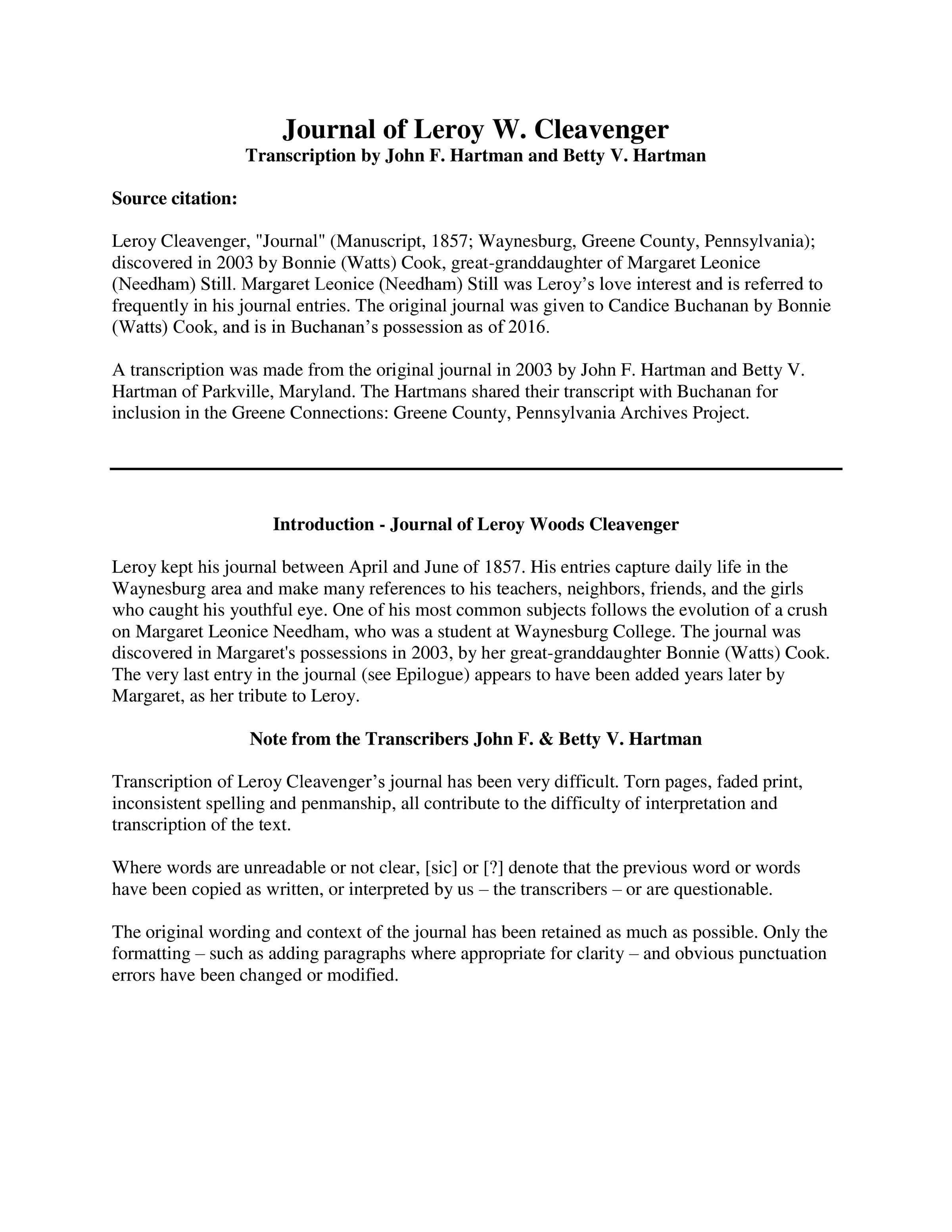 Leroy Woods Cleavenger journal - TRANSCRIPT (24 pages): See WEB LINKS to DOWNLOAD PDF document file.