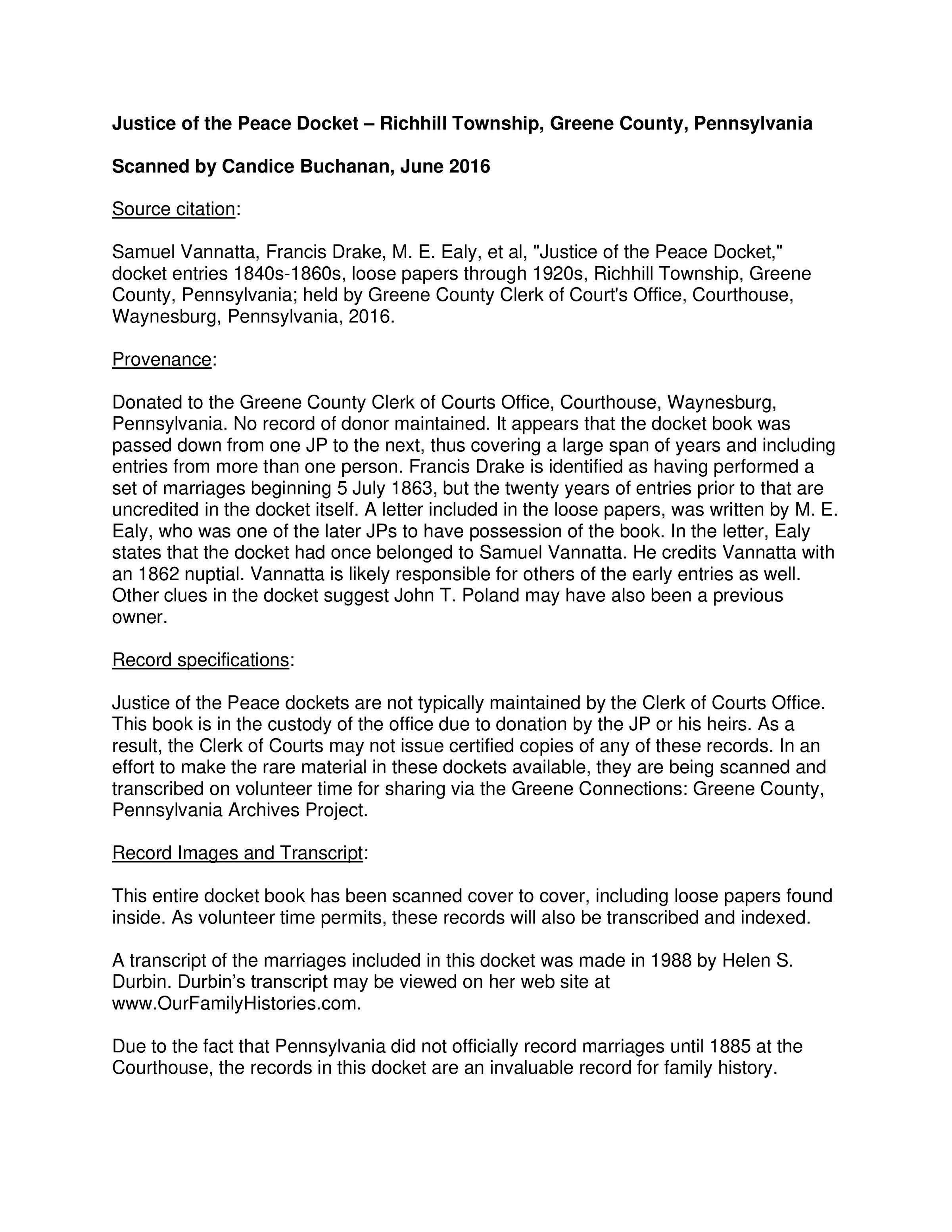 Justice of the Peace Docket (Black and White - 58 pages): See WEB LINKS to DOWNLOAD PDF document file.