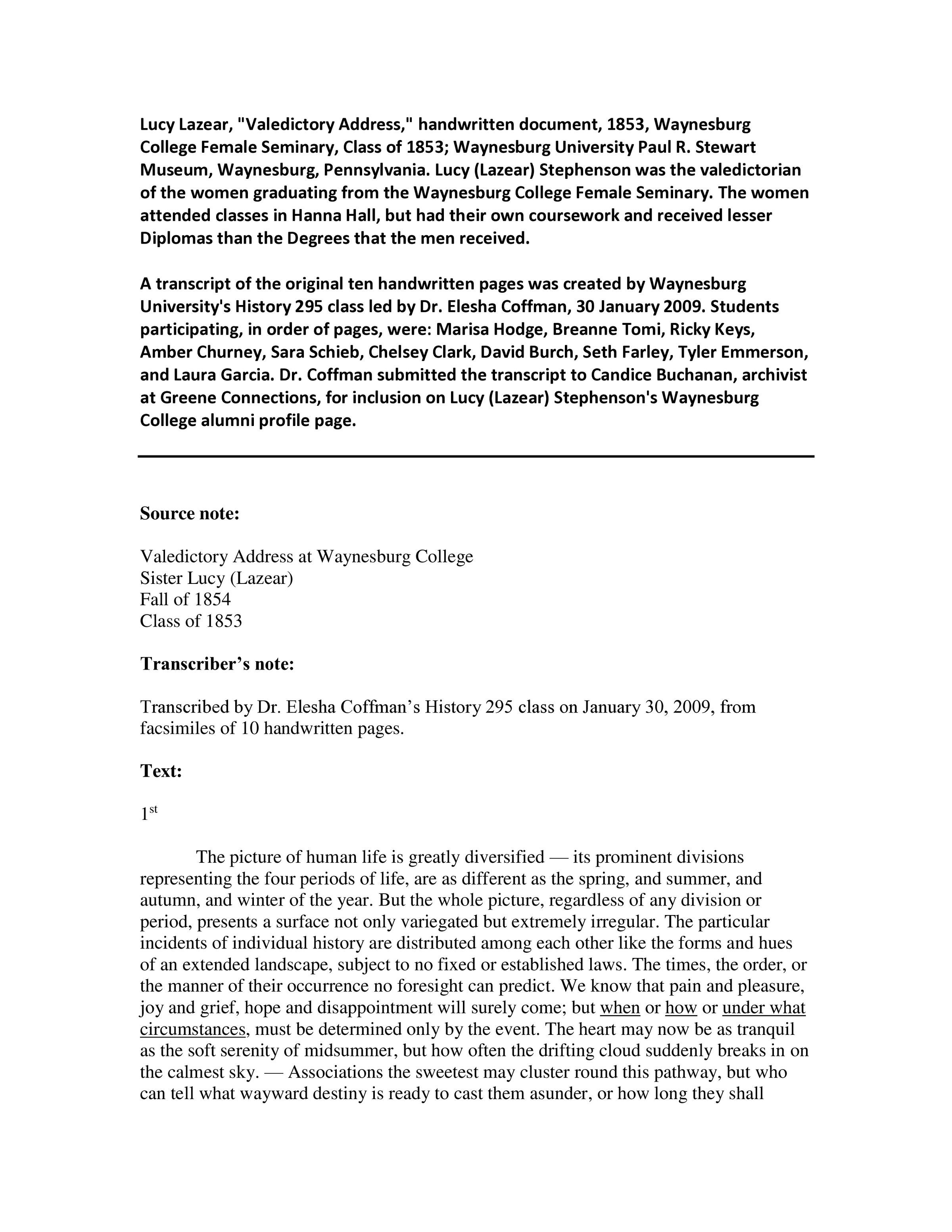 Valedictory Address - TRANSCRIPT & IMAGES (18 pages): See WEB LINKS to DOWNLOAD PDF document file.