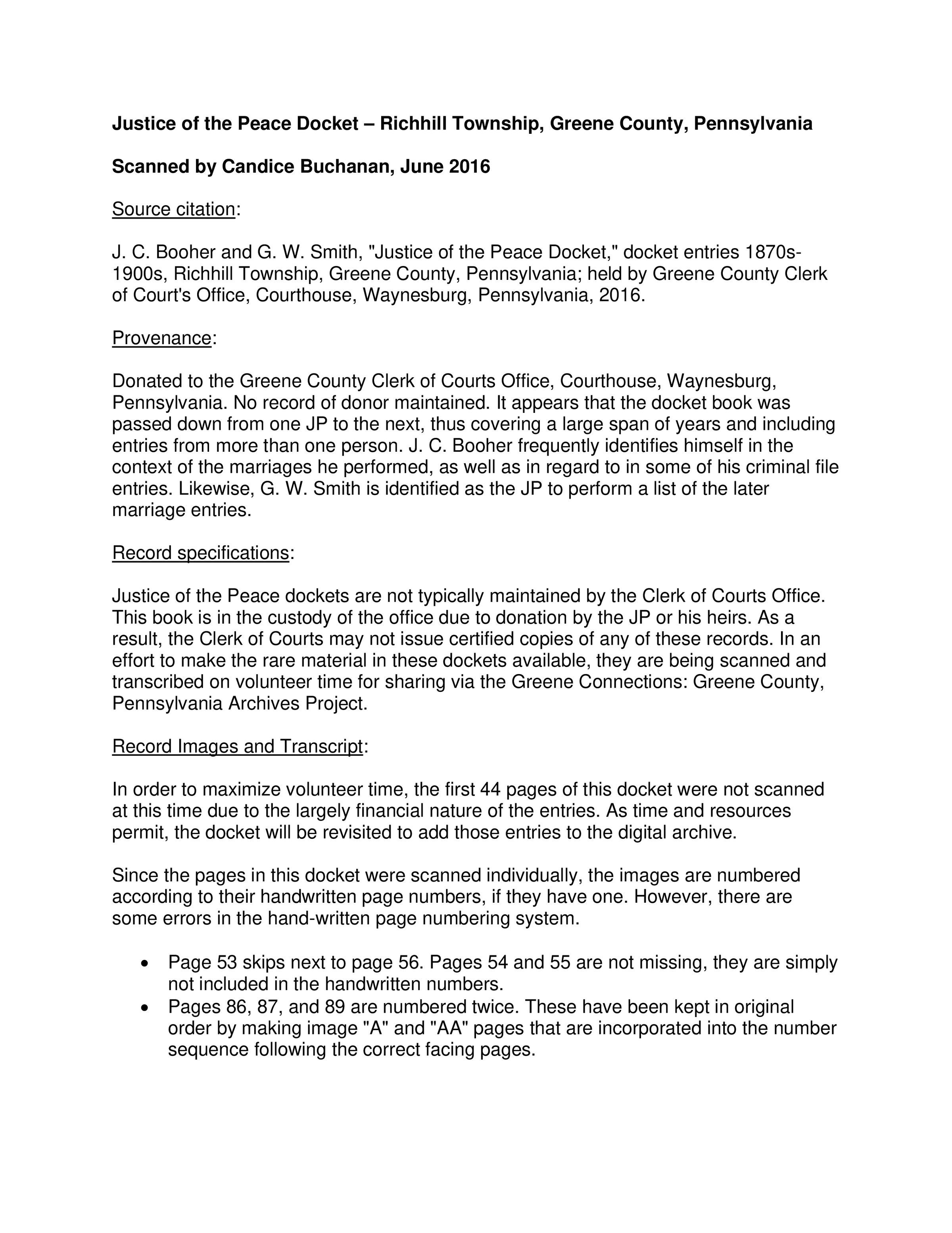 Justice of the Peace Docket (Black and White - 74 pages): See WEB LINKS to DOWNLOAD PDF document file.