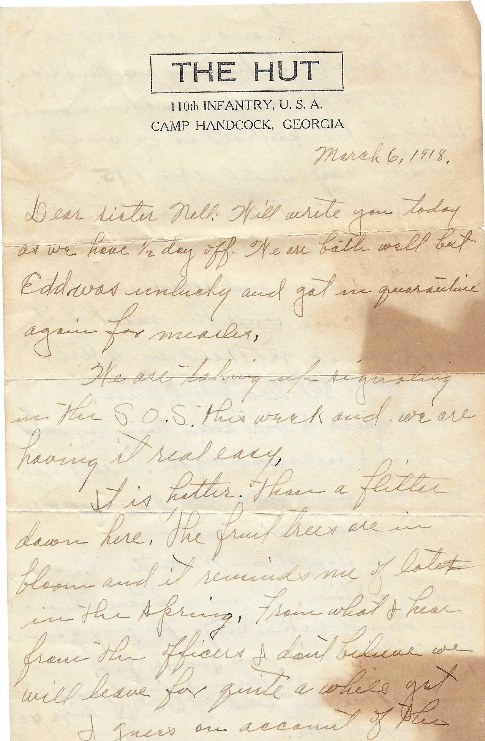 Leo McNicholas (Camp Hancock, Georgia), to Nell McNicholas, letter (2 pages): See WEB LINKS to DOWNLOAD PDF document file.