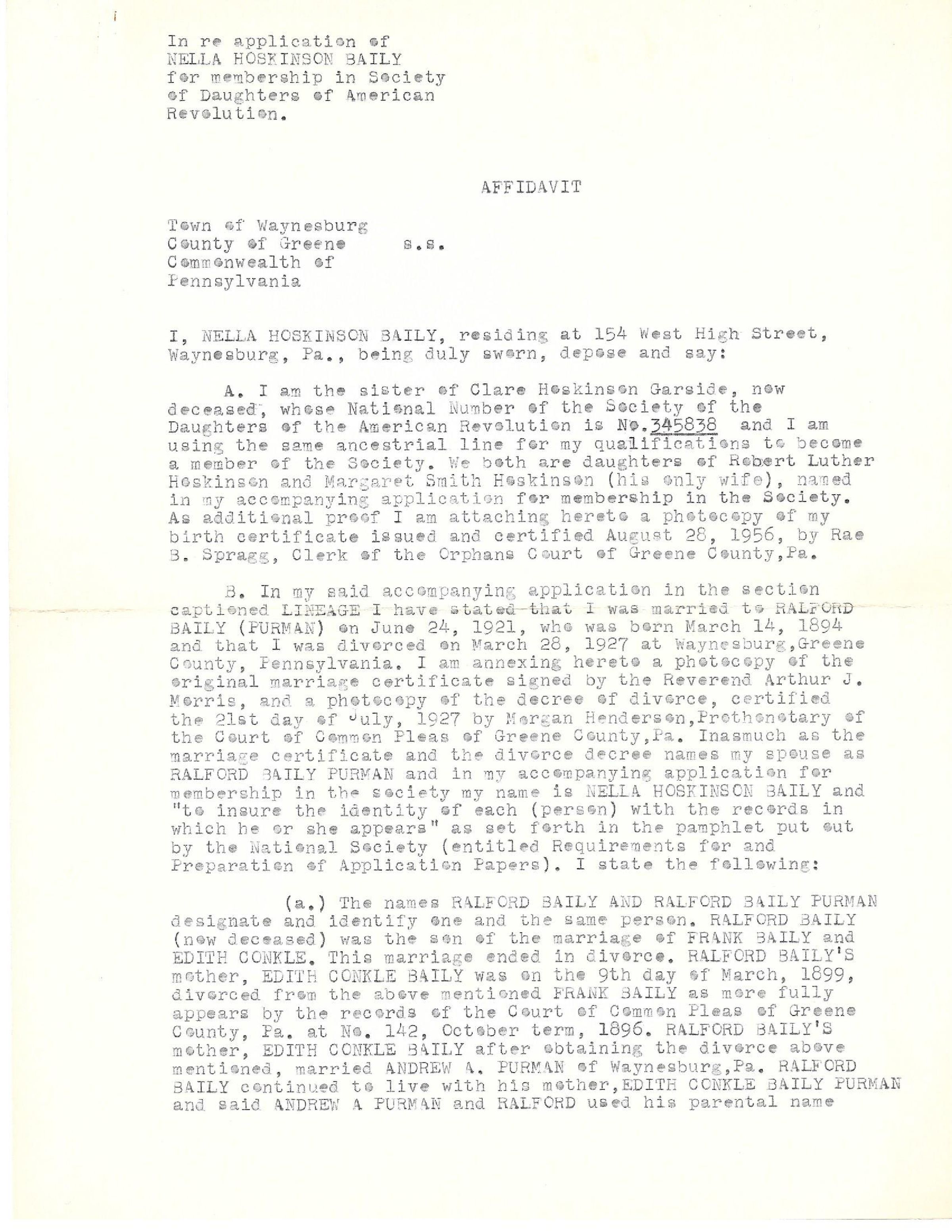 Affidavit of Nella (Hoskinson) Baily (2 pages): See WEB LINKS to DOWNLOAD PDF document file.