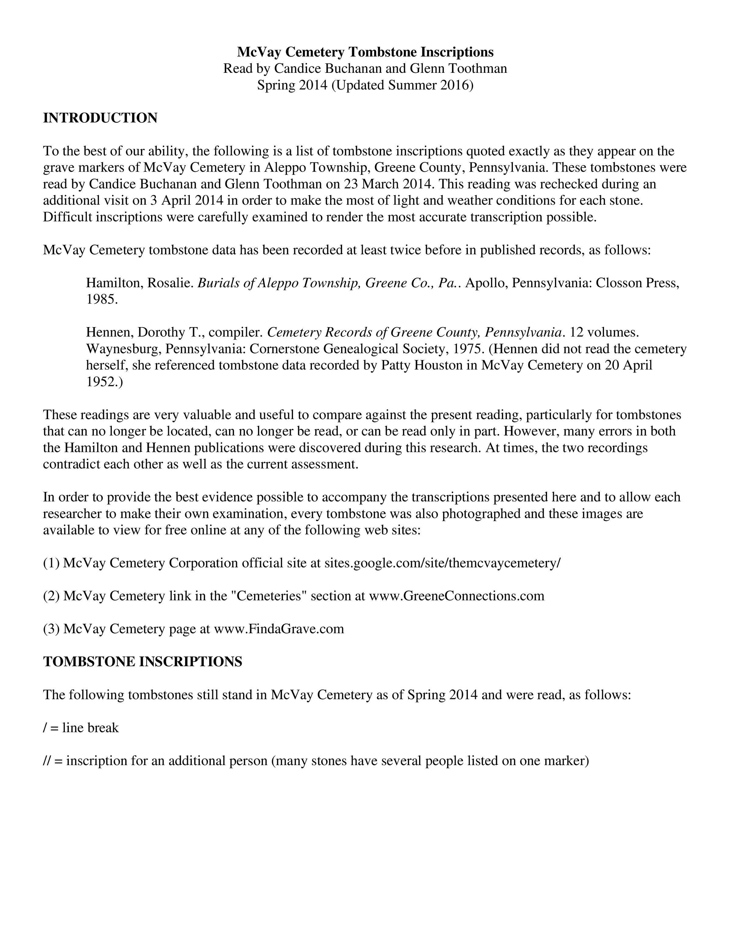 McVay Cemetery Tombstone Inscriptions (10 pages): See WEB LINKS to DOWNLOAD PDF document file.