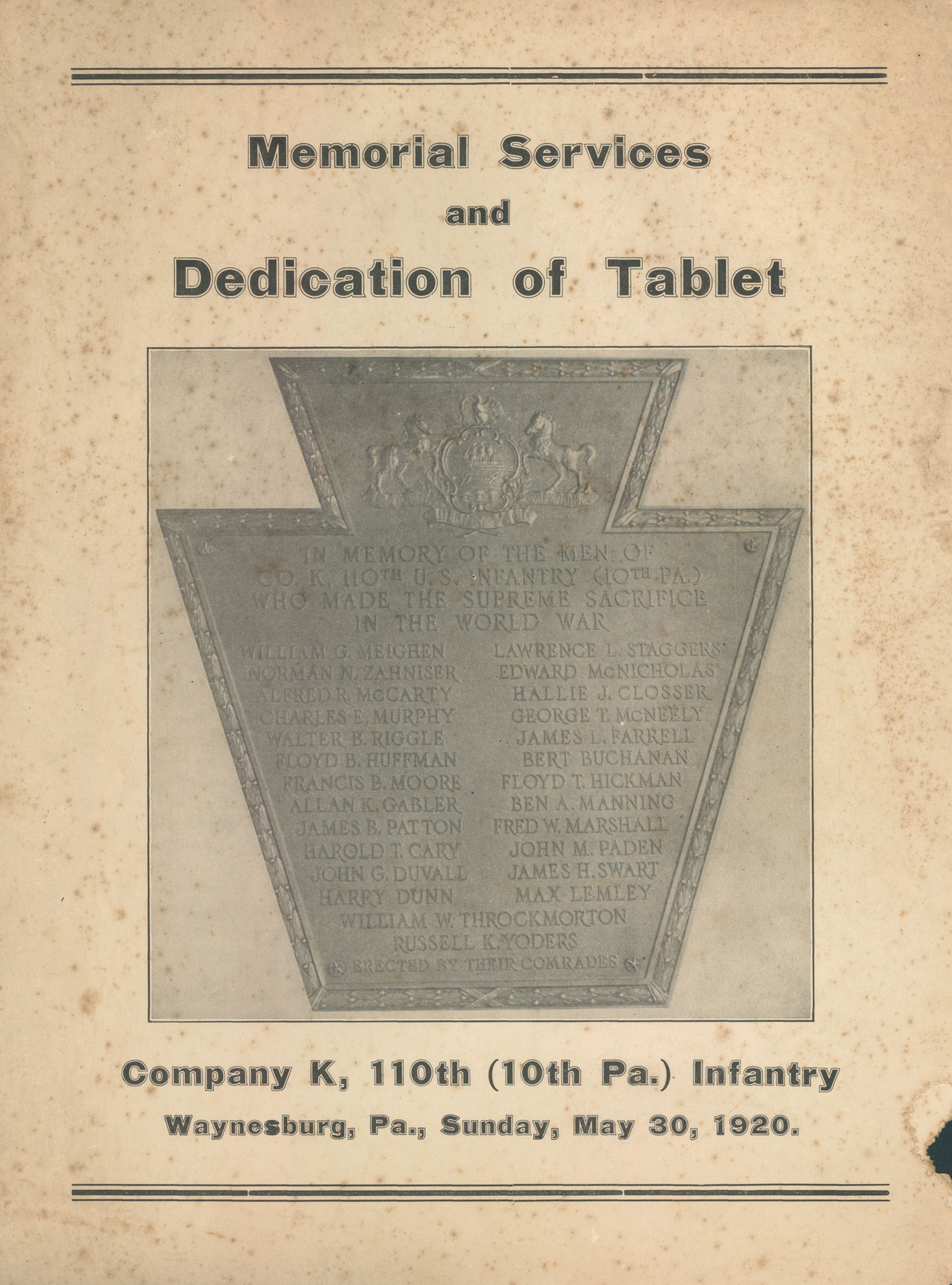 Memorial Services and Dedication of Tablet (9 pages): See WEB LINKS to DOWNLOAD PDF document file.