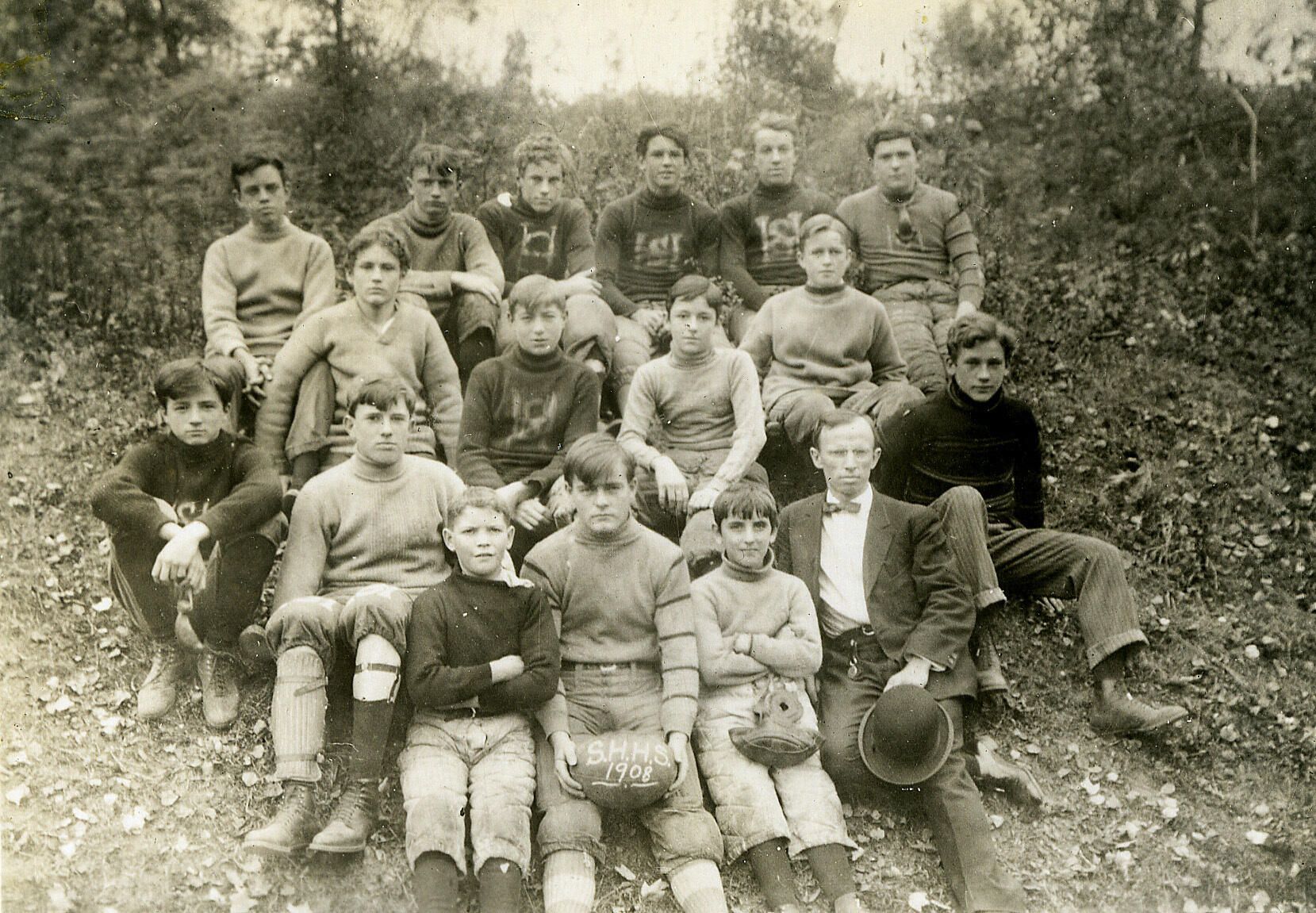 Image ID #121: Left to Right, bottom row: Guy Bosworth, Elwood Marshall, Bob Oliver, Emerson McFadden & George Eastman, Coach. Middle Row: Emmet Crozier, Jim Van Ingen, Wes Drake, Fred McFadden, Ross Meeker, Jack Van Ingen. Top Row: Harvey Meeker, John Crozier, Bob Campbell, Leonard Smithers, Oscar Smith, Ed. Ward.