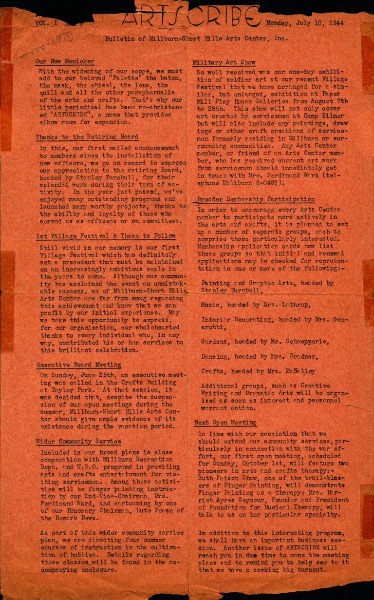          Millburn Art Center: Artscribe Newsletters, 1944 picture number 1
   