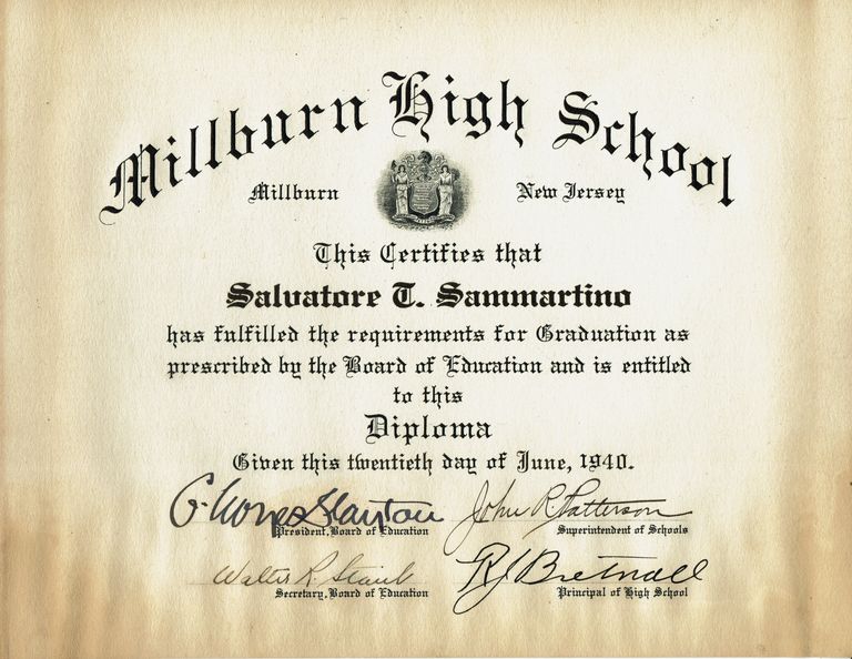          Sammartino: Salvatore T. Sammartino Millburn High School Diploma, June 1940 picture number 1
   