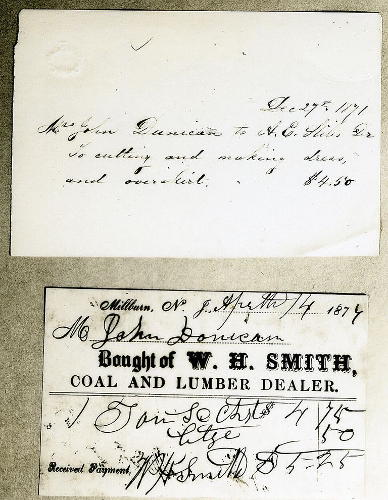          Mrs. John Dunican to A.E. Stiles for dressmaking on 12/27, 1871 & Mr. John Dunican to W.H. Smith for Coal & Lumber on April 4, 1874; Image ID #283
   