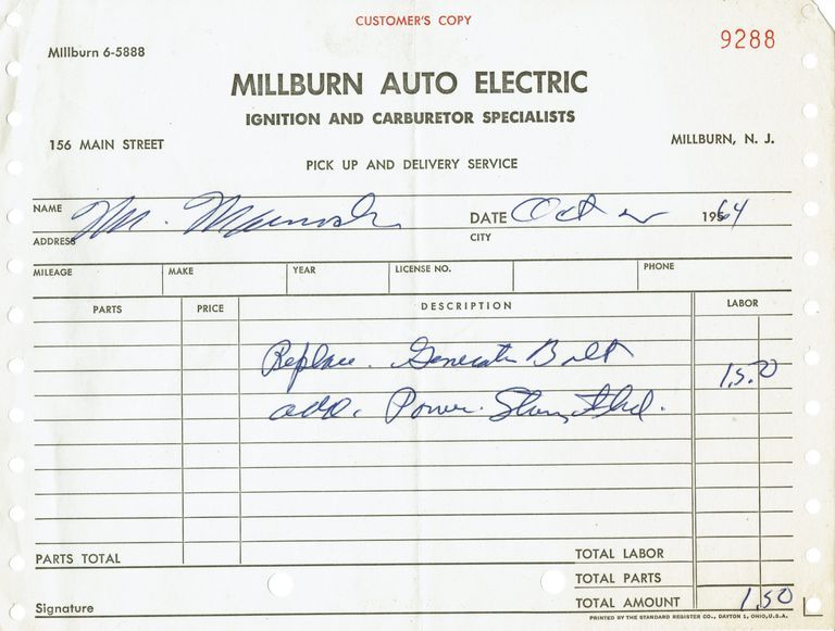          Millburn Auto Electric: Receipt, 1964 picture number 1
   