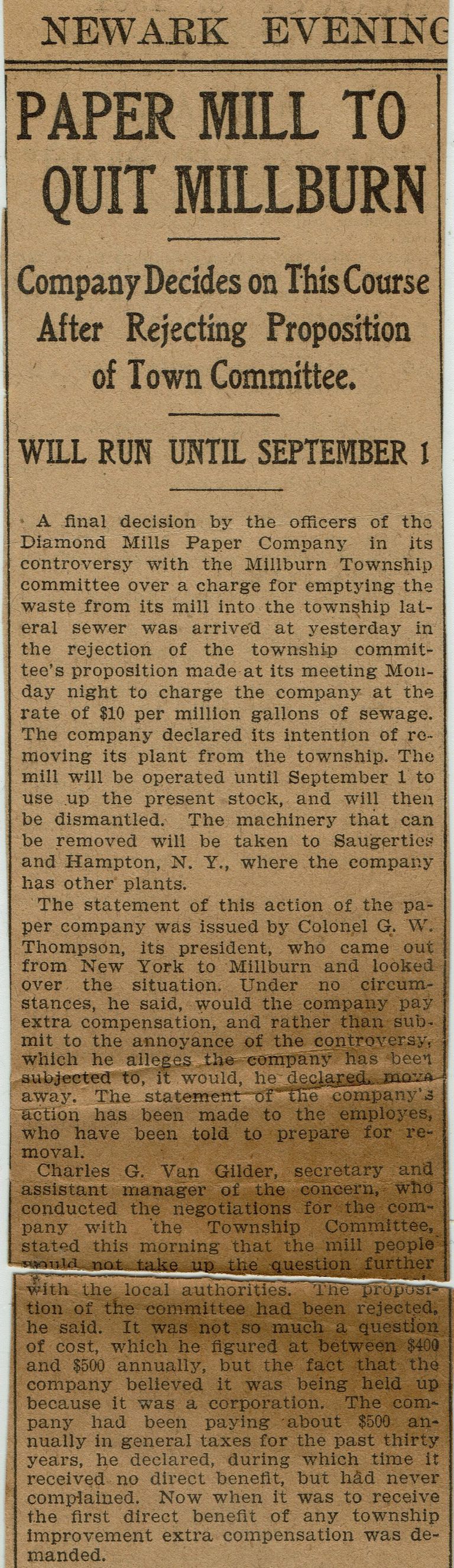          Flanagan: Diamond Paper Mill To Quit Millburn, 1904 picture number 1
   