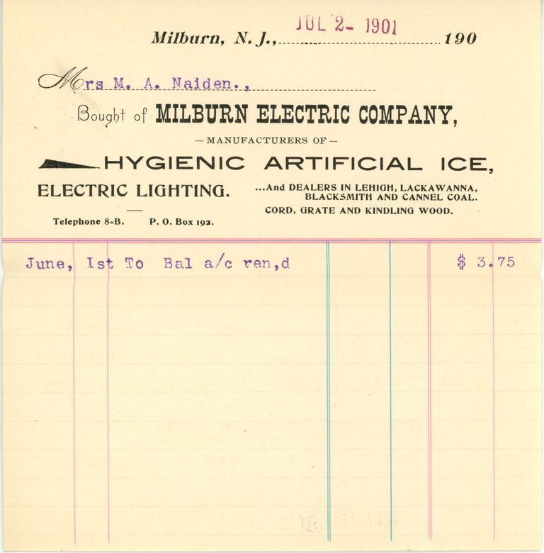          Millburn Electric Company: Mary A. Nadin Invoice, 1901 picture number 1
   