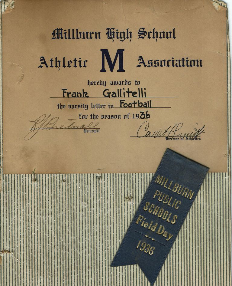          Certificate and Ribbon for Frank Gallitelli from 1936; Millburn High School Athletic Association
   