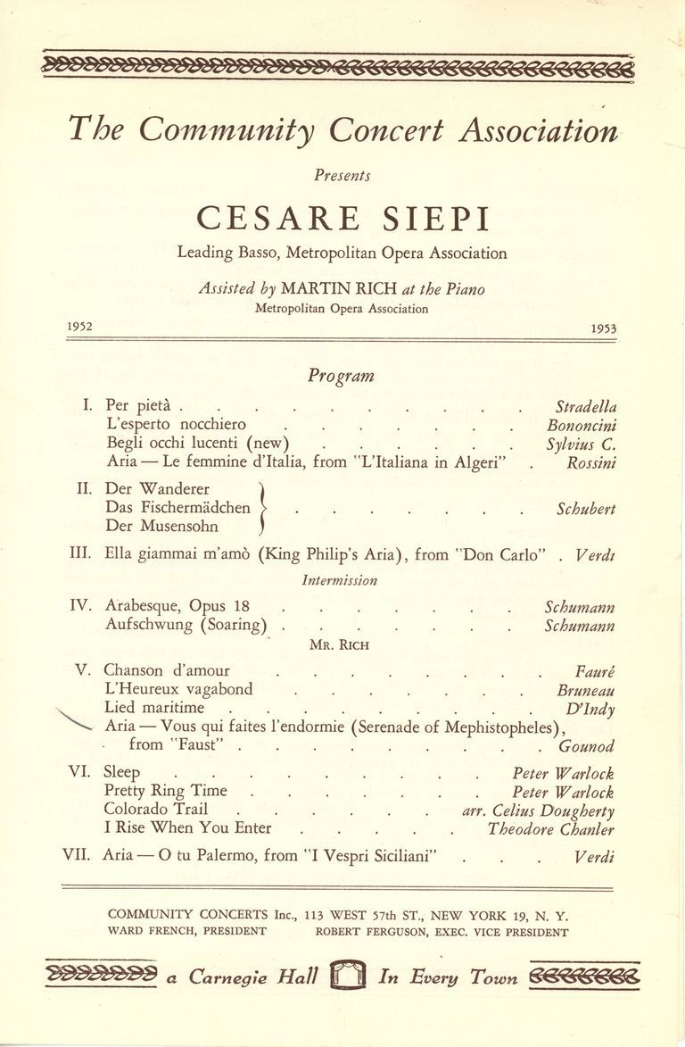          Community Concert Association: Cesare Siepi Concert Program and Articles, 1953 picture number 1
   